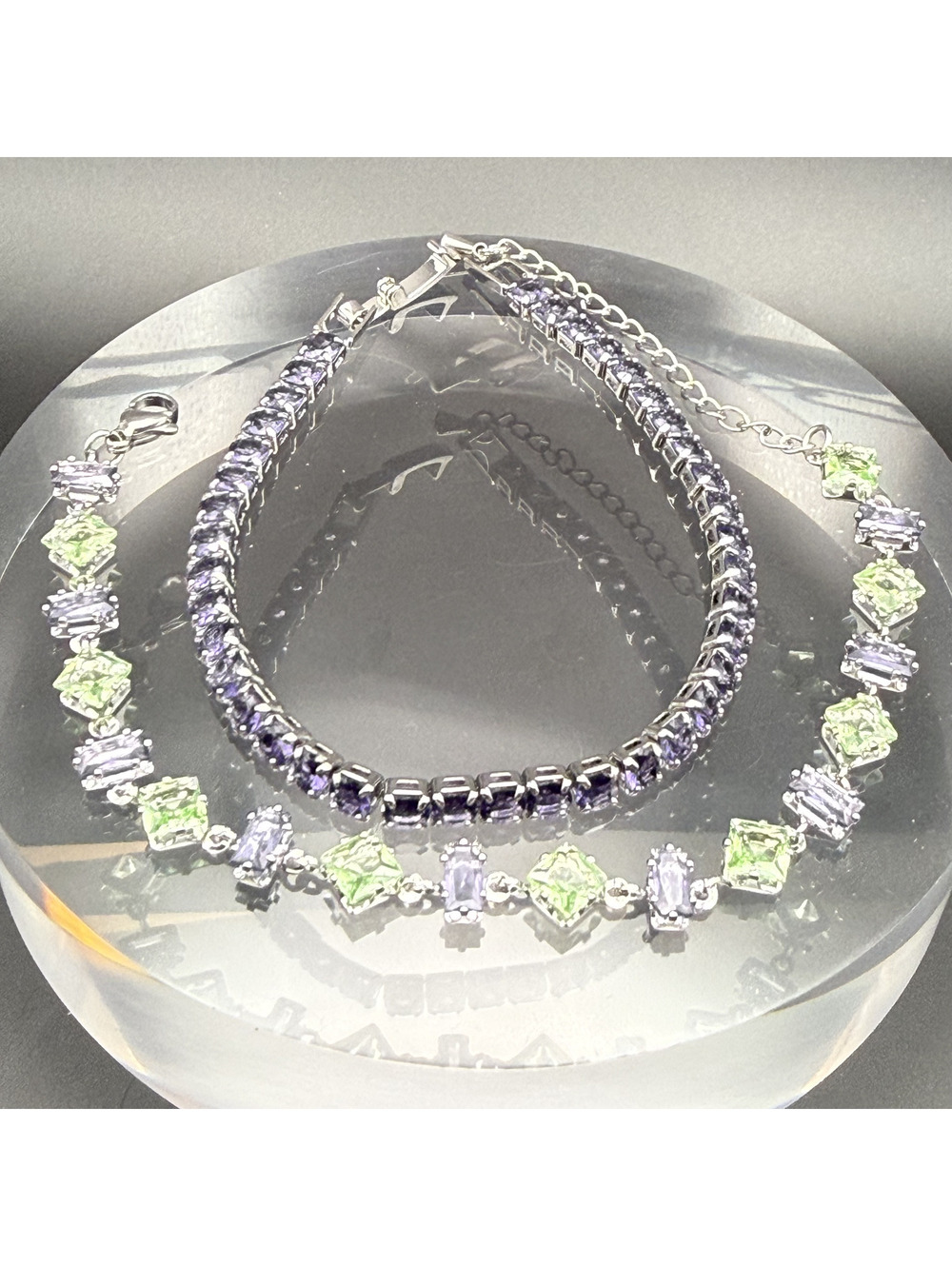 candy+clover amethyst and peridot crystal silver tone bracelet stack (2 pieces)